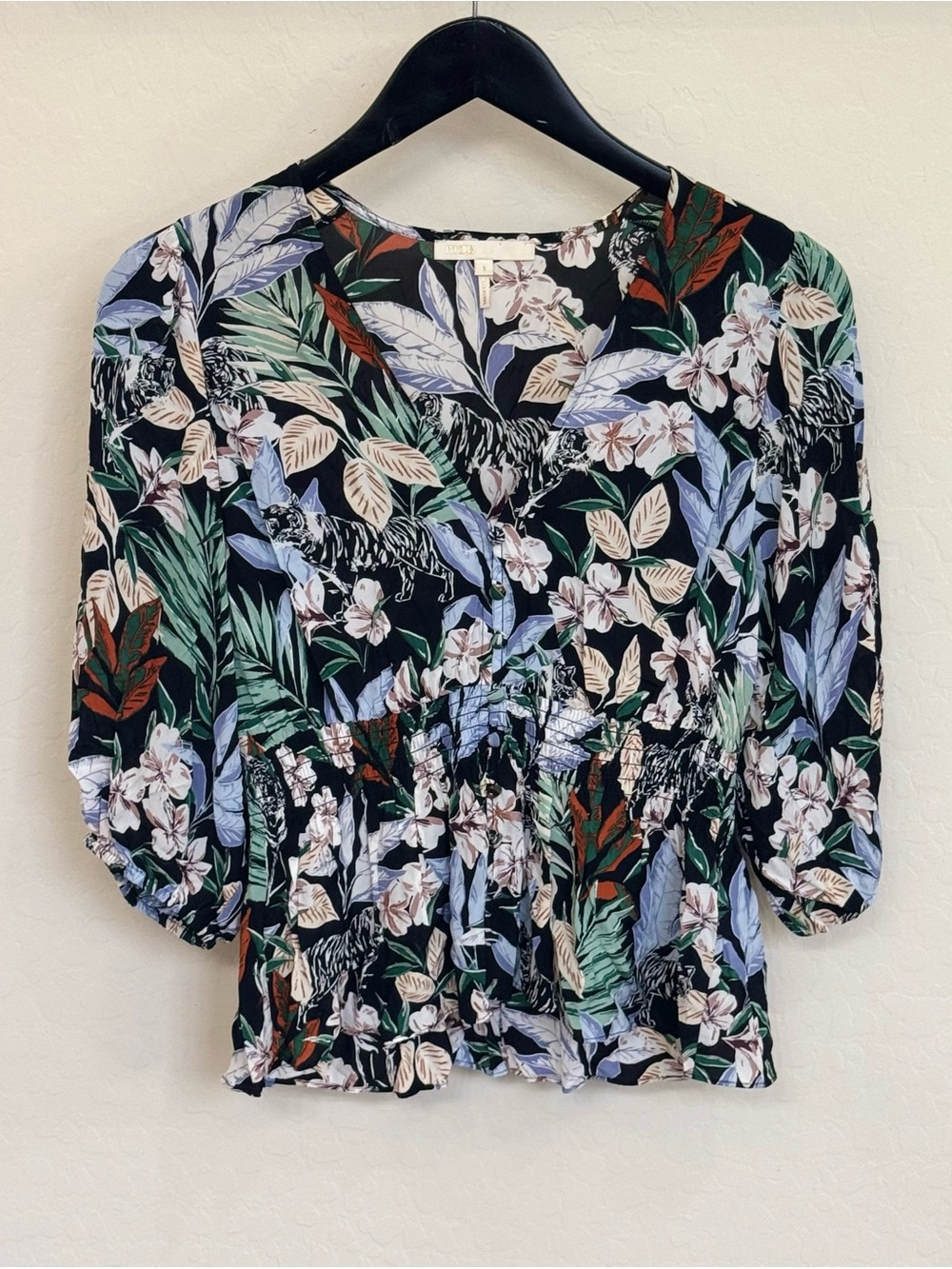 Maje Tiger Floral Jungle Print Smocked Peplum Blouse V-Neck Black Size 1 Small